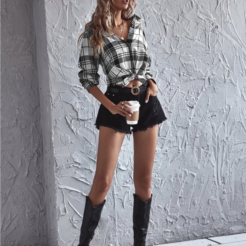 Elegant Plaid Check Button Up Boyfriend Shirt Top Blouse - Picture 10 of 17